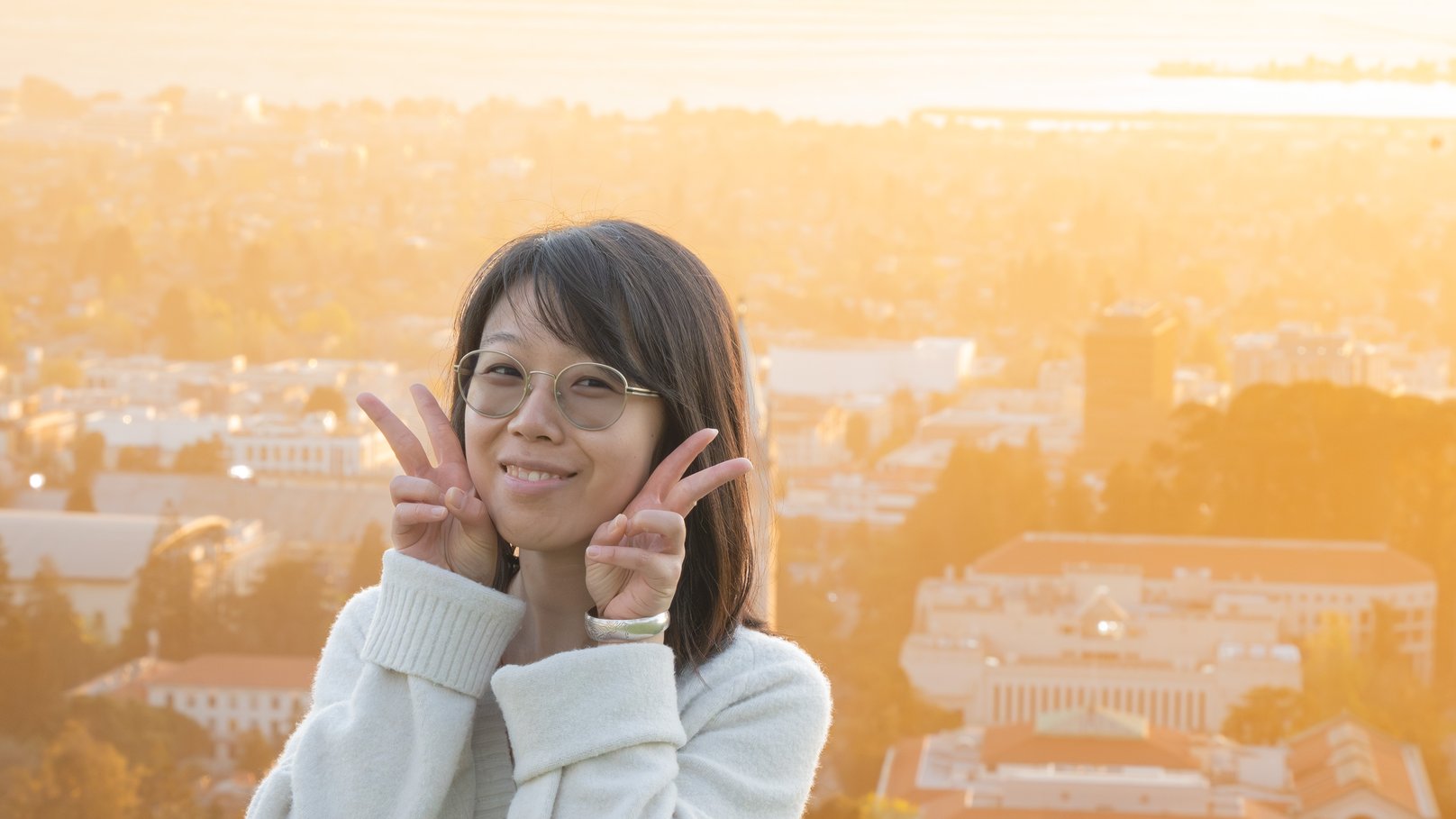 Sishi Wu above the UC Berkeley campus at sunset